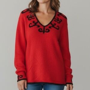Vintage 90s Liz Claiborne Red silk Angora blend sweater black swirl embroidery.
